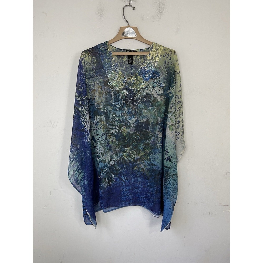 Maggie Barnes Womens Shirt 2X Fairy Goblin Sheer‎ Rhinestone Blue Goblincore